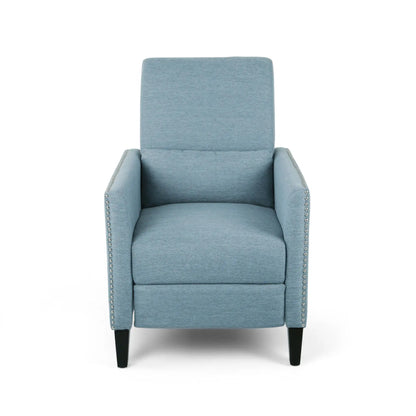 Repose upholstered recliner chair in light blue fabric with nailhead trim and dark wood legs on Tampa Home & Garden Store