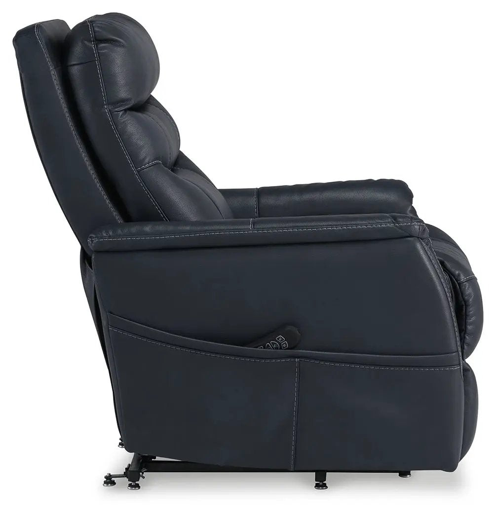 Strawbill Power Lift Recliner by Unique Piece Furniture in dark blue leather on Tampa Home & Garden Store