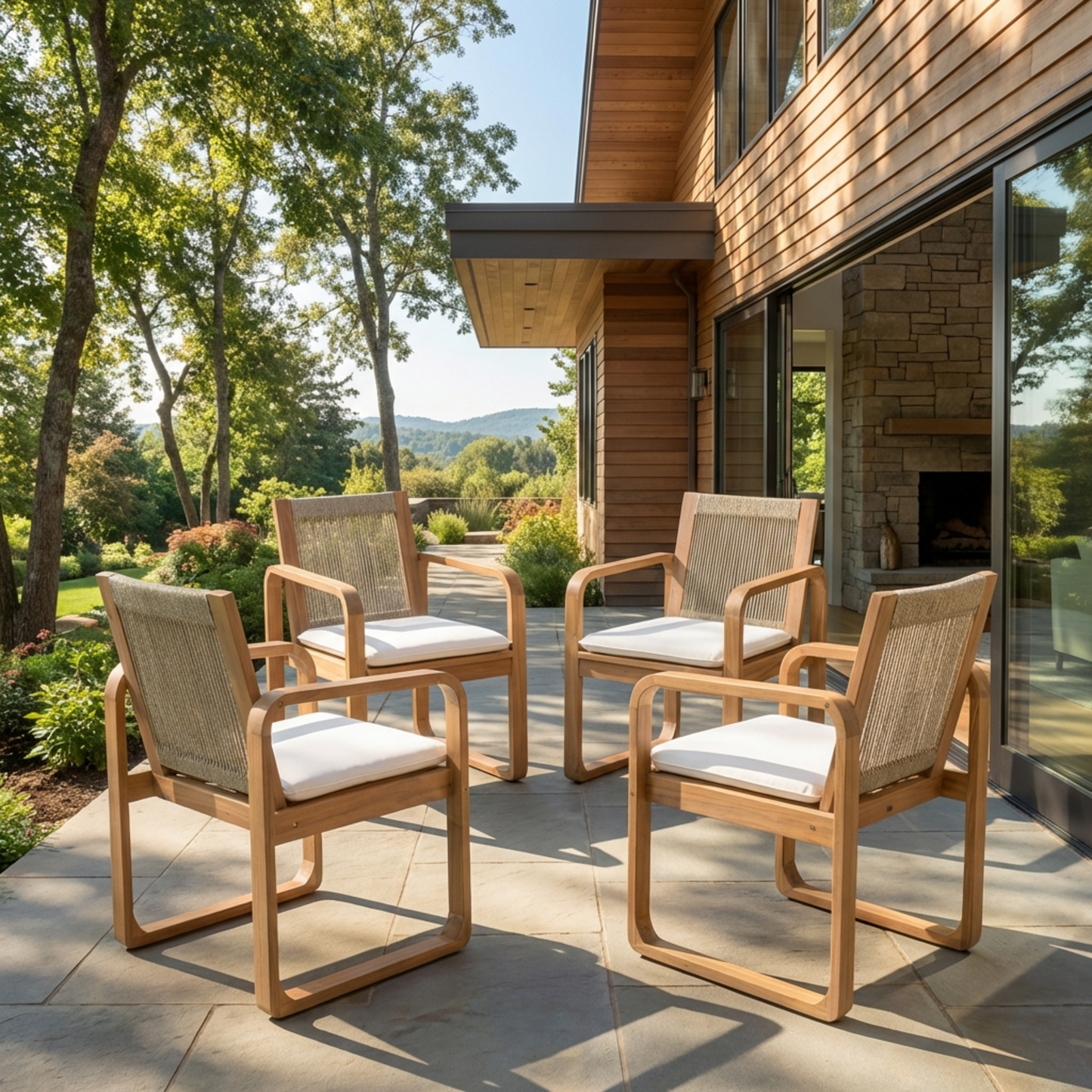 Two Outdoor Dining Chairs and Acacia Wood Rope