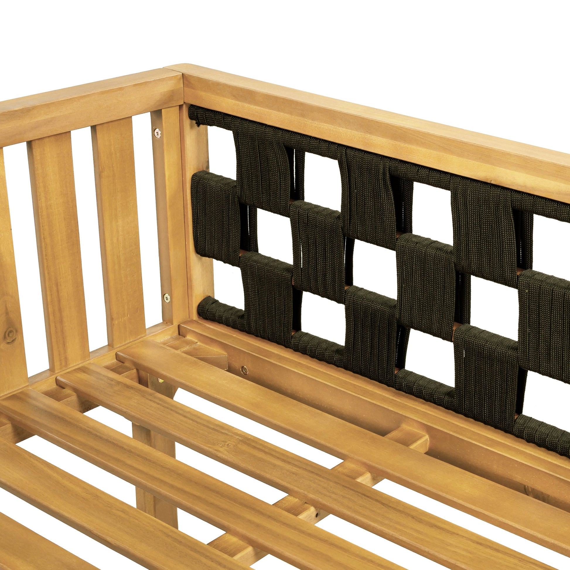 Luxury Acacia Wood Outdoor Daybed Set with natural wood frame and black woven cushions on Tampa Home & Garden Store