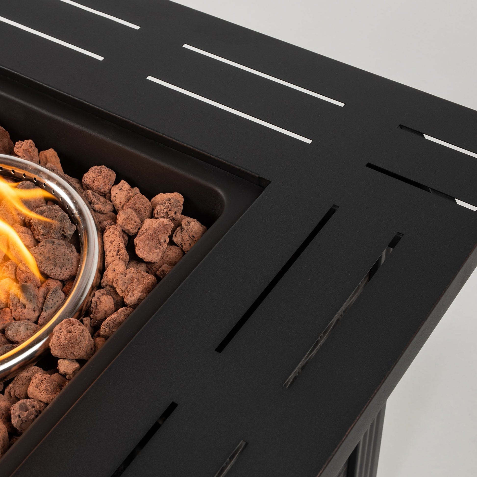 28-inch propane gas fire pit table in black steel with 50000 BTU burner and lava rock bed on Tampa Home & Garden Store