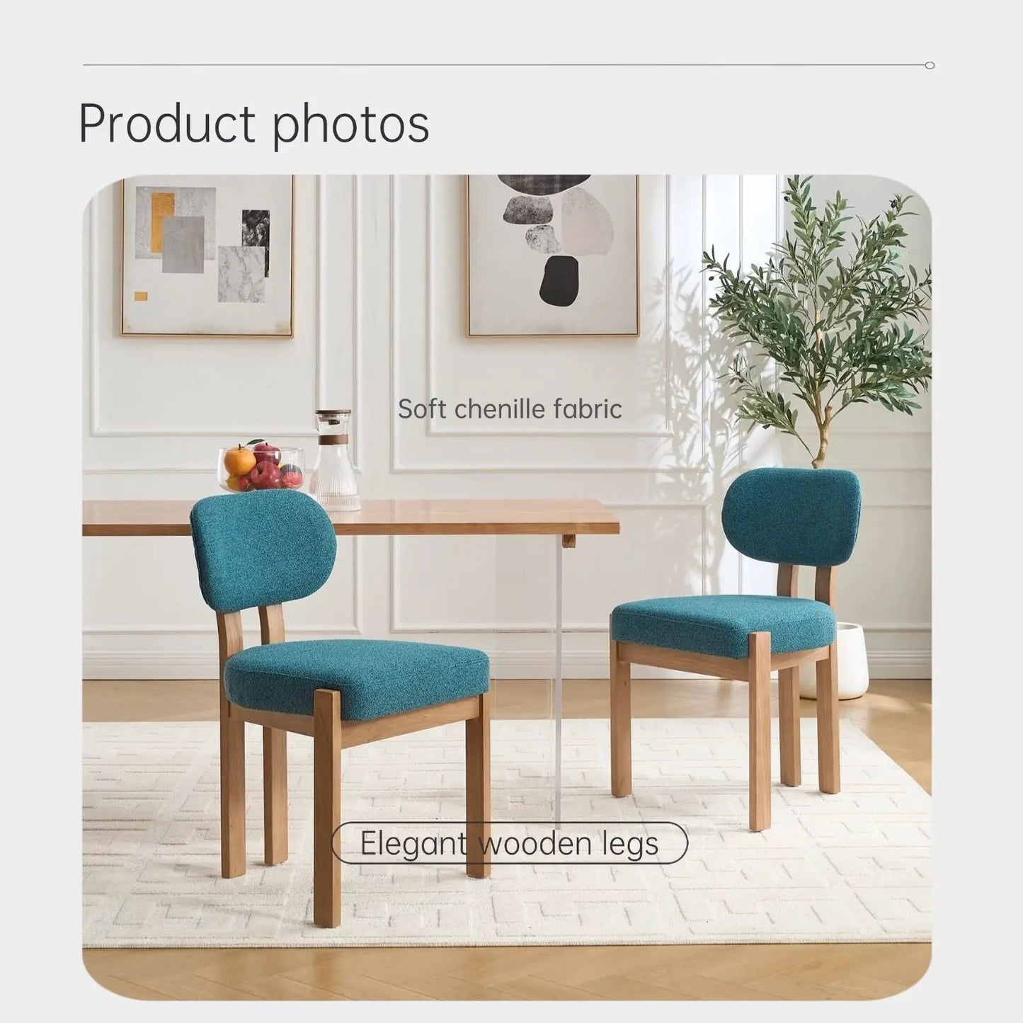 Dining chairs set of 2 with backrest and adjustable feet in blue chenille on wooden legs on Tampa Home & Garden Store