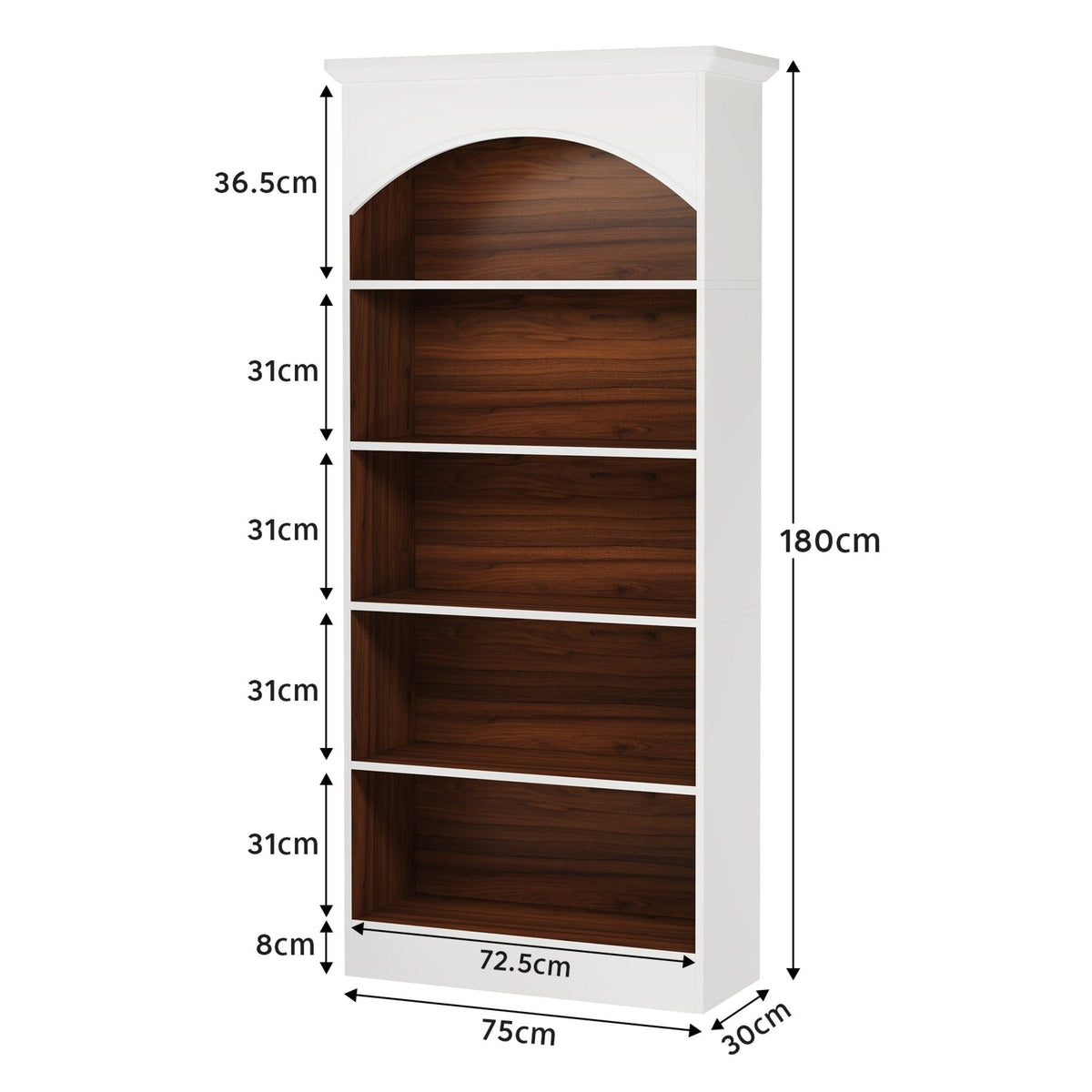 5 Tier Library Bookcase waterproof melamine white, woodgrain interior, 75x30x180 cm HouseOfZazla on Tampa Home & Garden Store