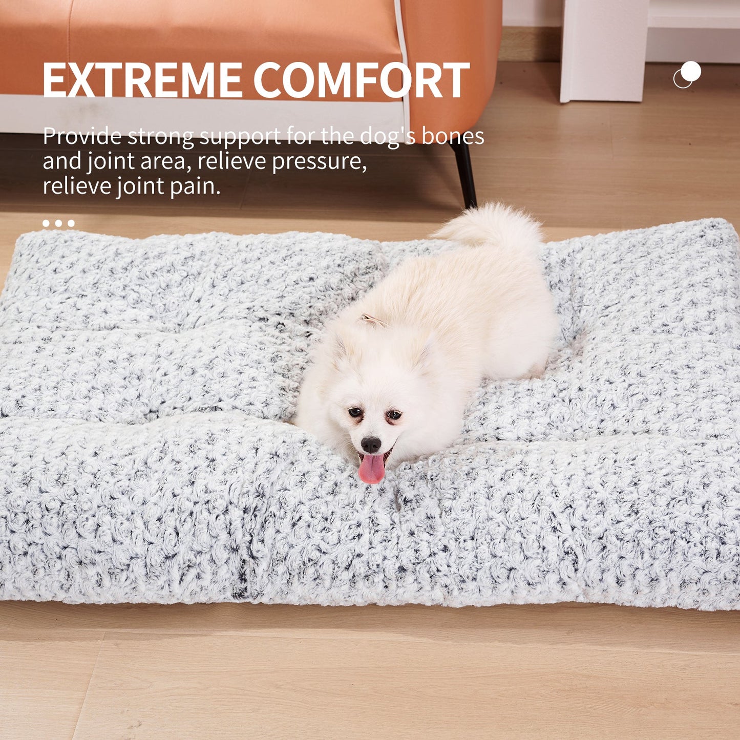 Dog Beds Thickened Rose Velvet Kennel Bed Mat plush gray, fluffy white dog lounging on floor on Tampa Home & Garden Store