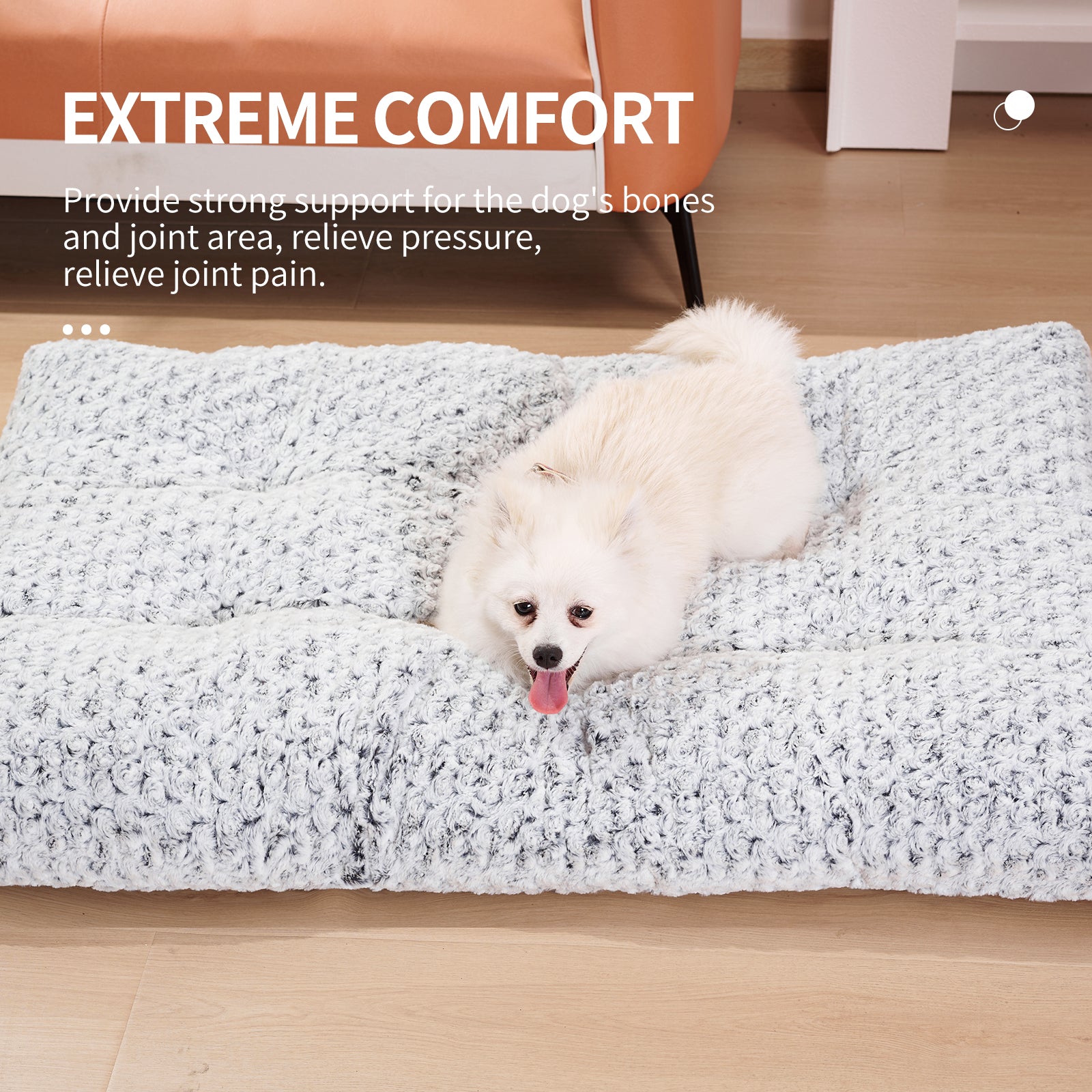 Dog Beds Thickened Rose Velvet Kennel Bed Mat plush gray, fluffy white dog lounging on floor on Tampa Home & Garden Store