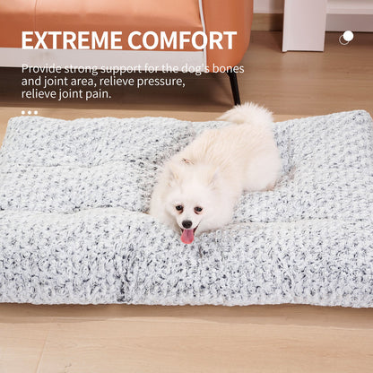 Dog Beds Thickened Rose Velvet Kennel Bed Mat plush gray, fluffy white dog lounging on floor on Tampa Home & Garden Store