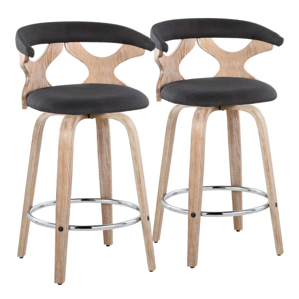 Mid Century Modern set of 3 counter stools with swivel, black fabric seats, natural wood frames on Tampa Home & Garden Store