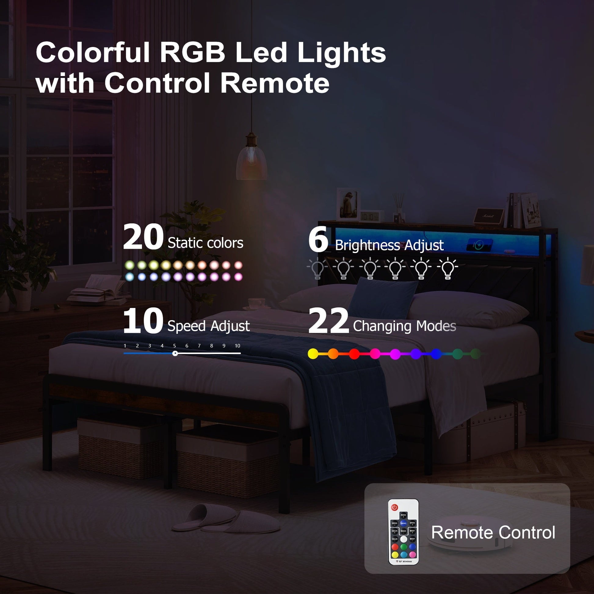 Full Size Metal Bed Frame with Adjustable Headboard by HouseOfZazla RGB LED lights with remote on Tampa Home & Garden Store