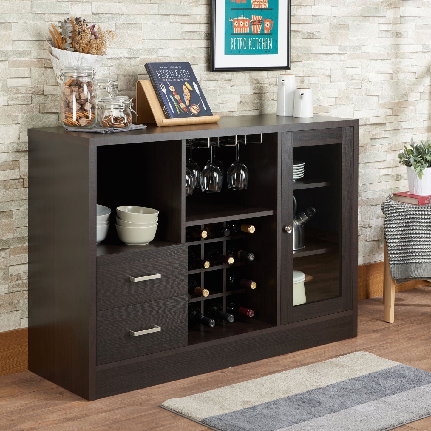 Hazen Wine Cabinet III Espresso by HouseOfZazla with wine rack and glassware storage on Tampa Home & Garden Store