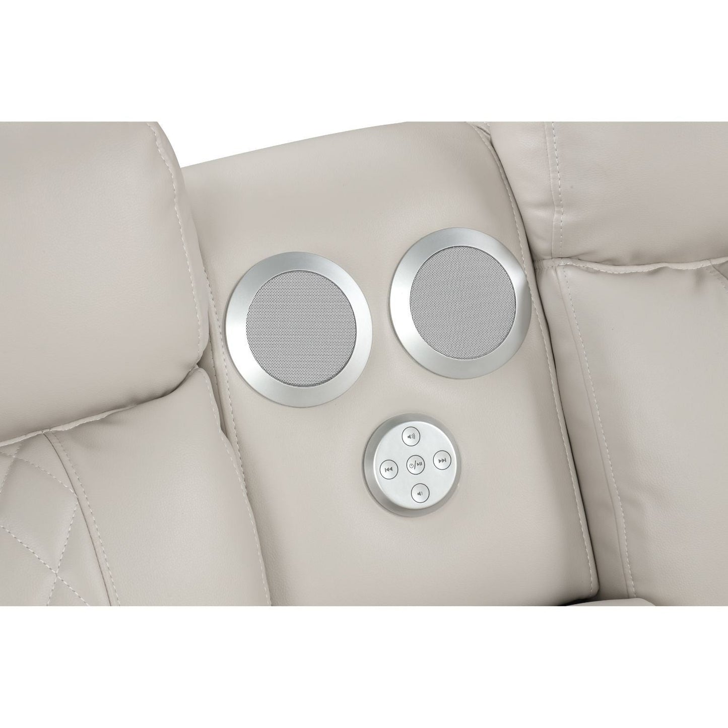Lacrosse power reclining sectional sofa beige leather with round silver speakers on Tampa Home & Garden Store