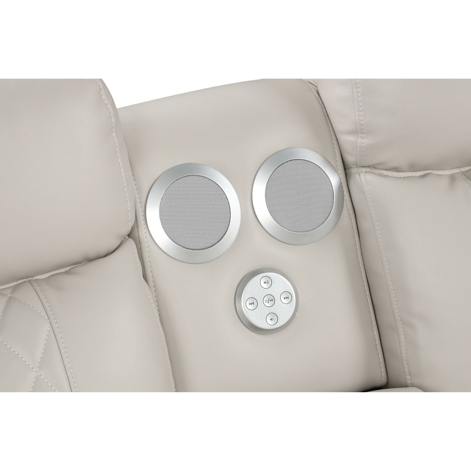 Lacrosse power reclining sectional sofa beige leather with round silver speakers on Tampa Home & Garden Store