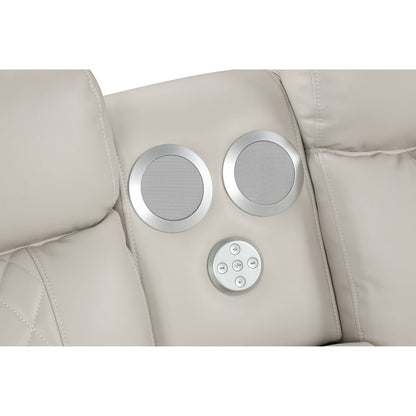 Lacrosse power reclining sectional sofa beige leather with round silver speakers on Tampa Home & Garden Store