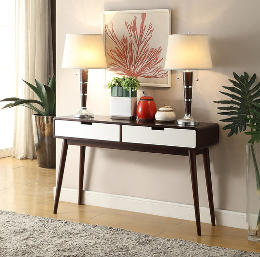 Christa sofa table white and espresso with two drawers and two lamps on Tampa Home & Garden Store