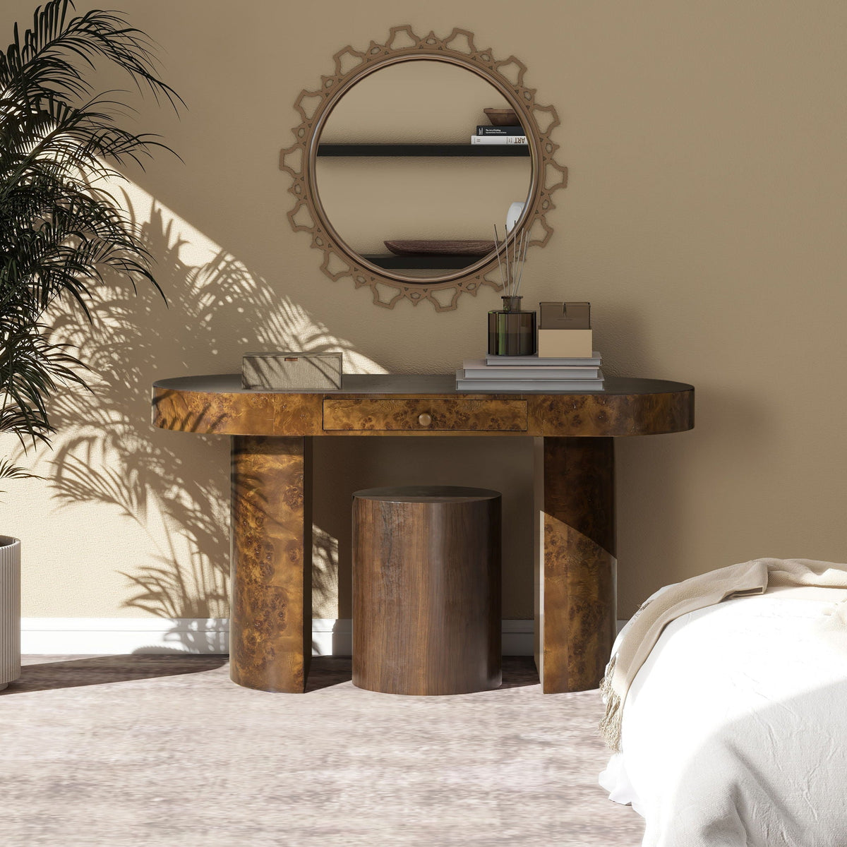 Oval computer desk with single drawer in dark brown burl wood veneer HouseOfZazla on Tampa Home & Garden Store