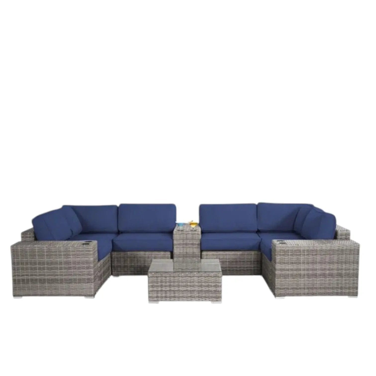 Modern patio rattan sectional set with navy cushions and glass coffee table on Tampa Home & Garden Store