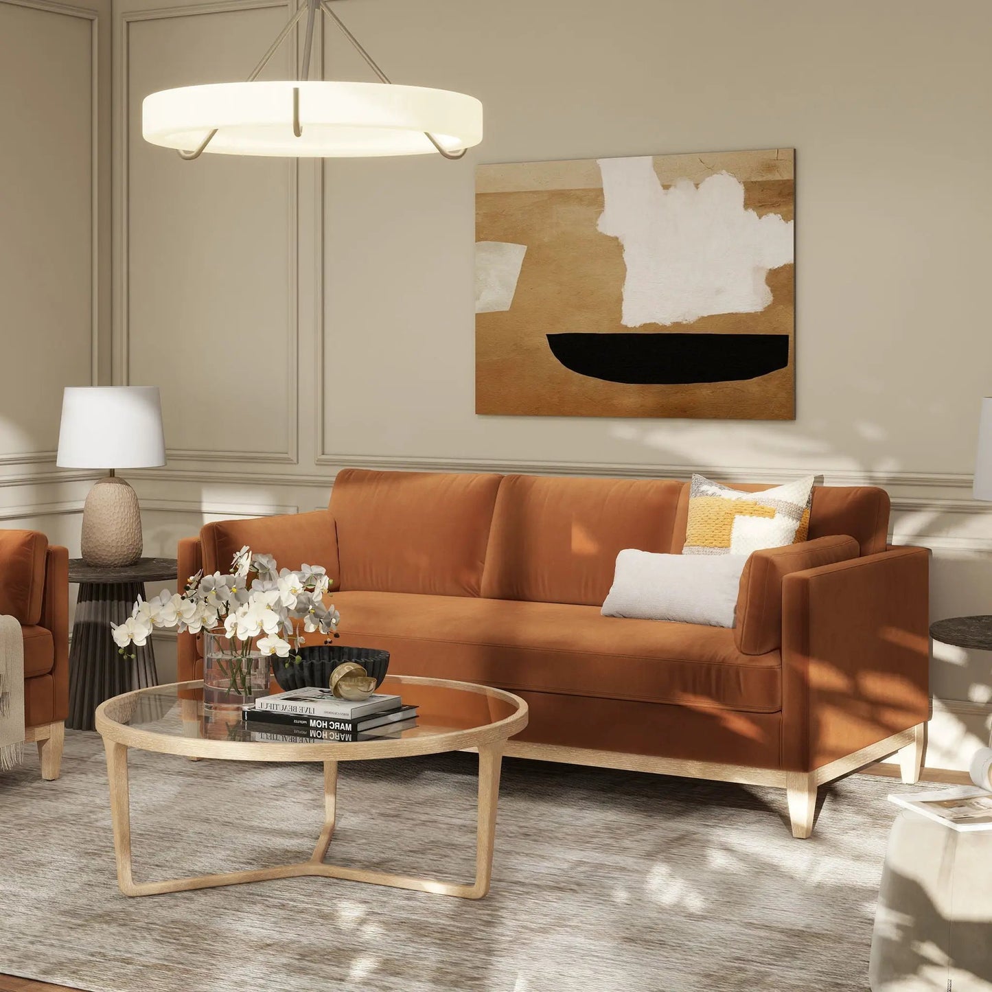 Knox Modern Farmhouse Sofa by Unique Piece Furniture in burnt orange fabric with light wood legs on Tampa Home & Garden Store