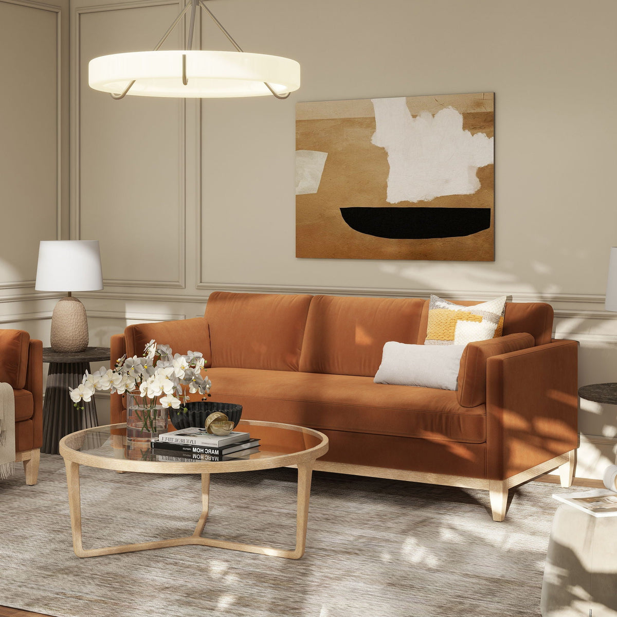 Knox Modern Farmhouse Sofa by HouseOfZazla in burnt orange fabric with light wood legs on Tampa Home & Garden Store