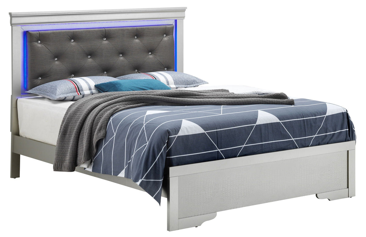 LED Elegant Bed by HouseOfZazla with tufted grey upholstered headboard and LED backlighting on Tampa Home & Garden Store