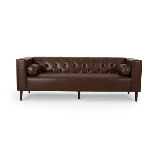 Contemporary 3 Seater leather tufted sofa with square arms in dark brown by HouseOfZazla on Tampa Home & Garden Store
