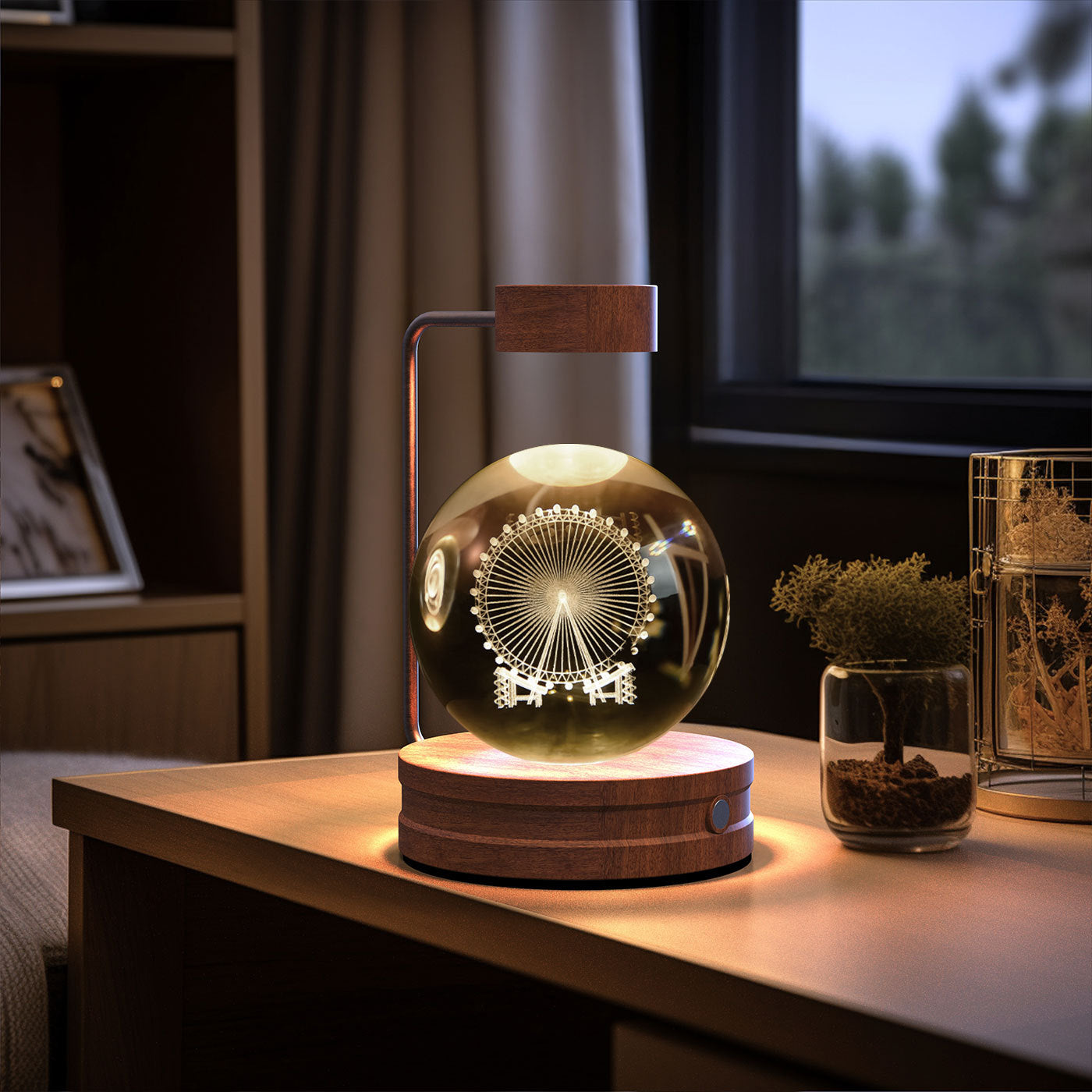 Crystal ball night light with ferris wheel design, USB powered, wooden base on Tampa Home & Garden Store