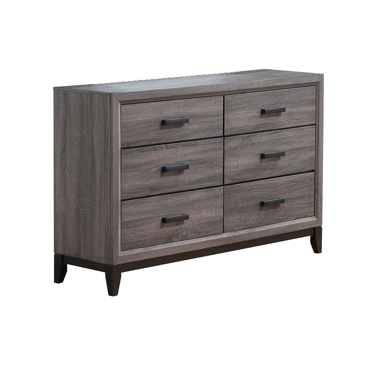 Mirage six-drawer dresser in dark gray wood finish with black hardware and tapered legs on Tampa Home & Garden Store
