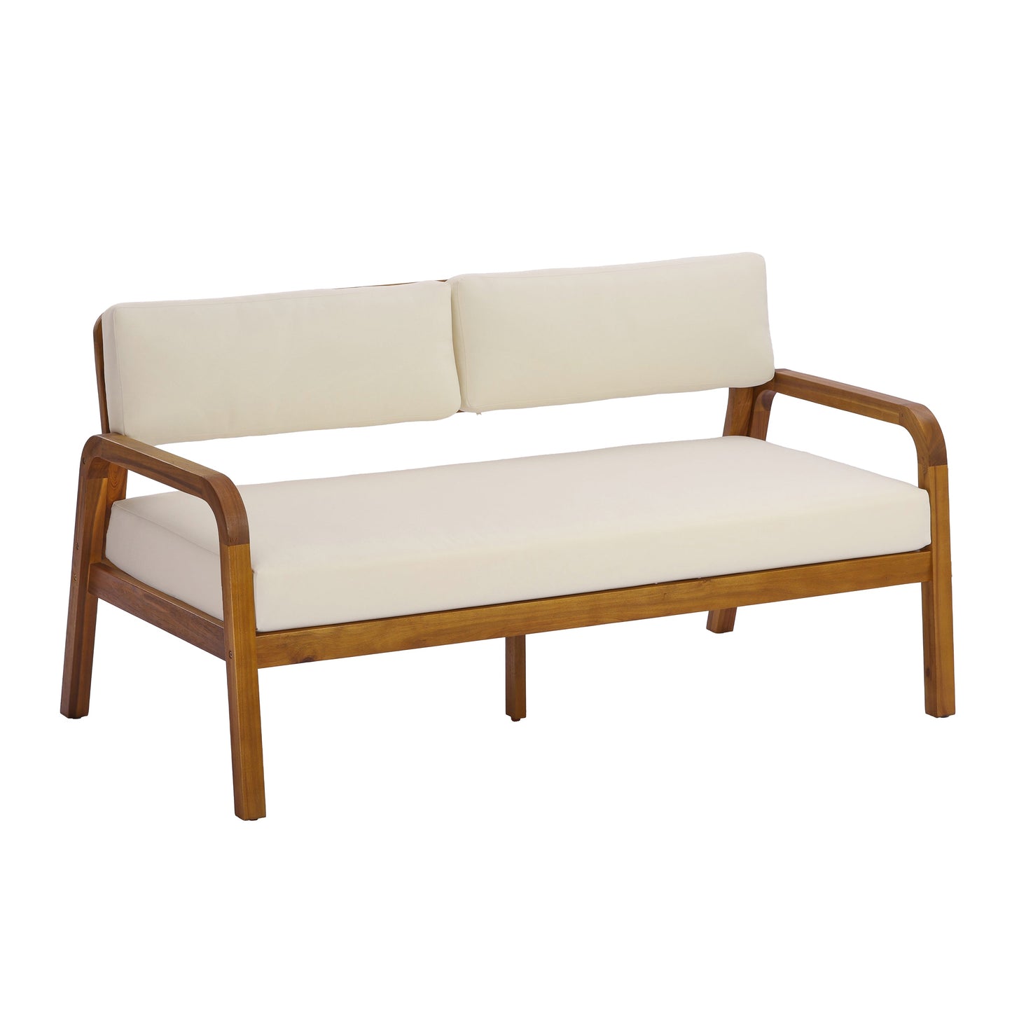 4-Pieces Outdoor Sofa Set with Cushions - Teak, cream upholstery and wooden armrests on Tampa Home & Garden Store
