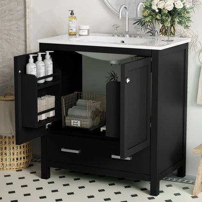 Black bathroom vanity with white top, single sink, two-door cabinet with drawer on Tampa Home & Garden Store