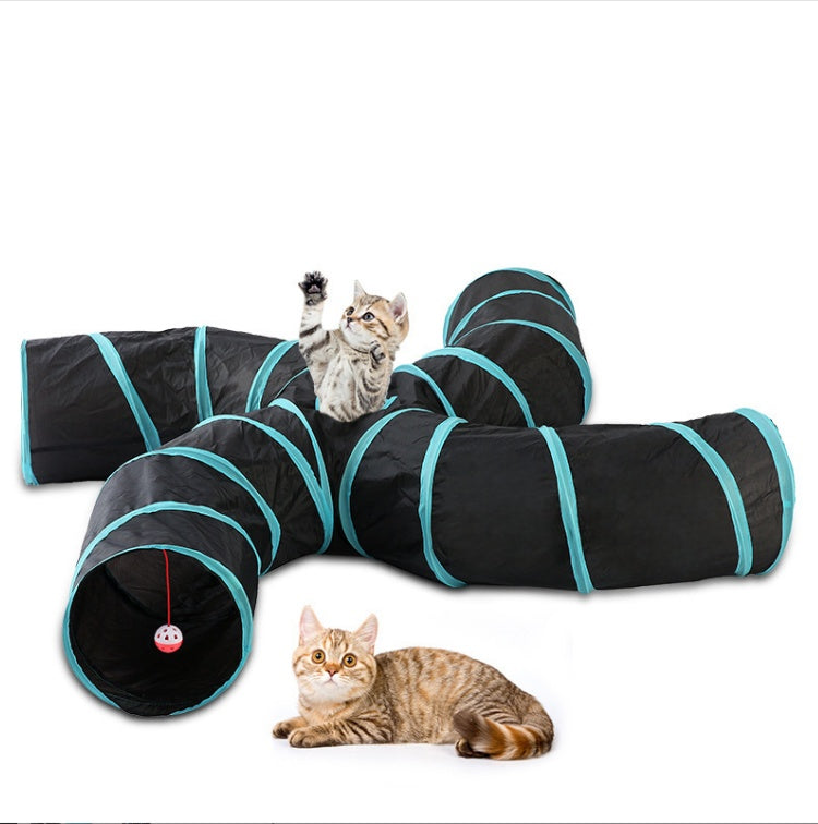 Pet Cat Toy Collapsible Tunnel S-type Four-channel Tent, black with teal, two cats on Tampa Home & Garden Store