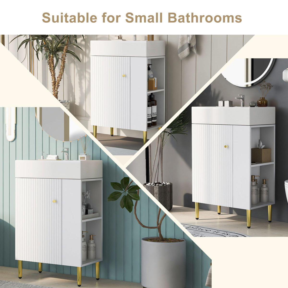 White HouseOfZazla bathroom vanities with single ceramic sink, ribbed doors and side storage on Tampa Home & Garden Store