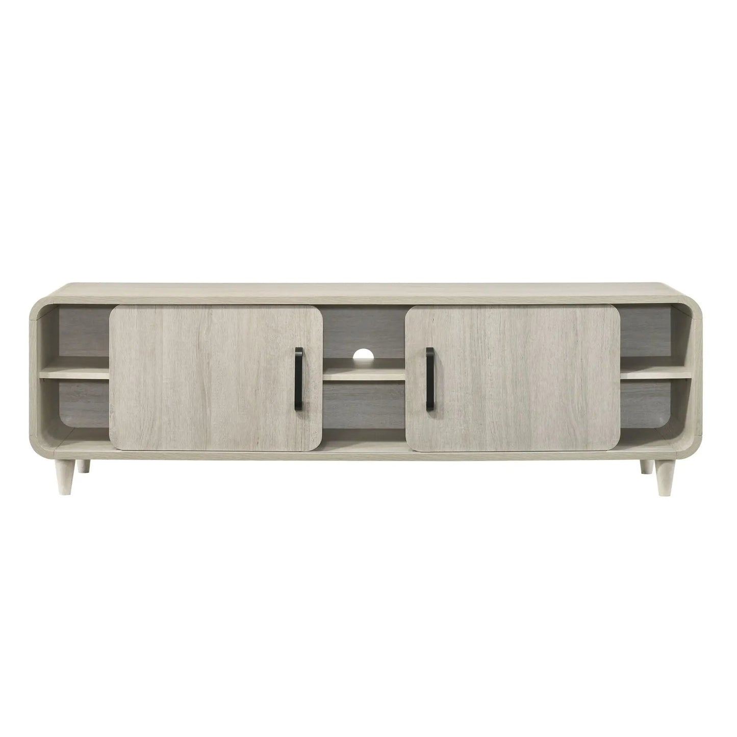 TV stand antique white wood with sliding doors, black handles, rounded corners and open shelves on Tampa Home & Garden Store