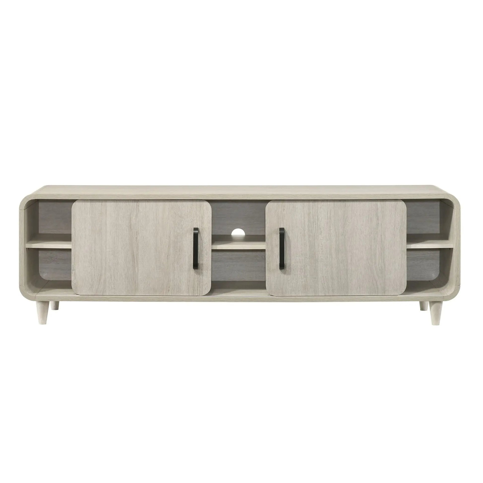 TV stand antique white wood with sliding doors, black handles, rounded corners and open shelves on Tampa Home & Garden Store