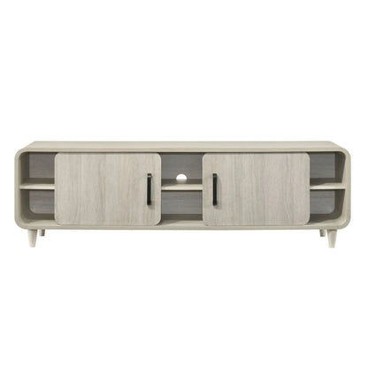 TV stand antique white wood with sliding doors, black handles, rounded corners and open shelves on Tampa Home & Garden Store