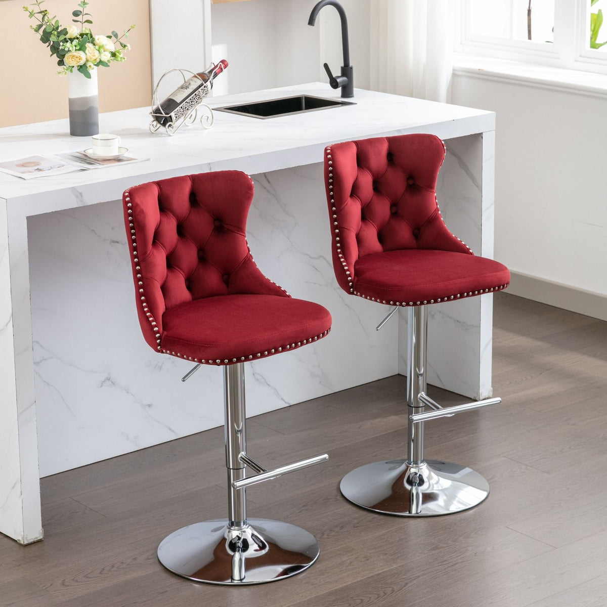 Swivel Adjustable Height Barstools - Set of 2 in red tufted upholstery with chrome bases on Tampa Home & Garden Store