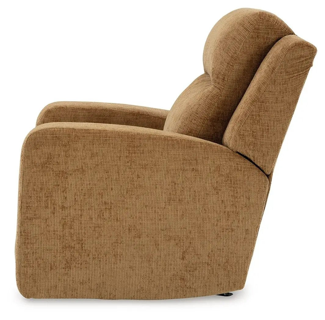 Kanlow rocker recliner by Unique Piece Furniture in warm tan textured fabric on Tampa Home & Garden Store