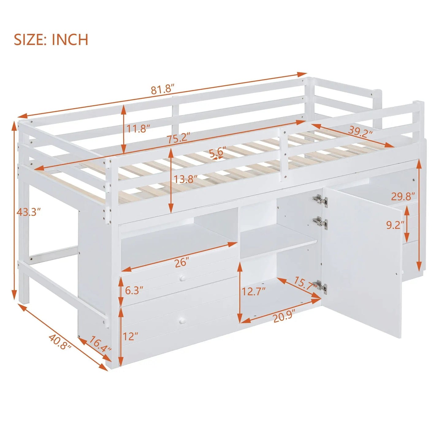 Loft Bed with Drawers and Shelves under Cabinet