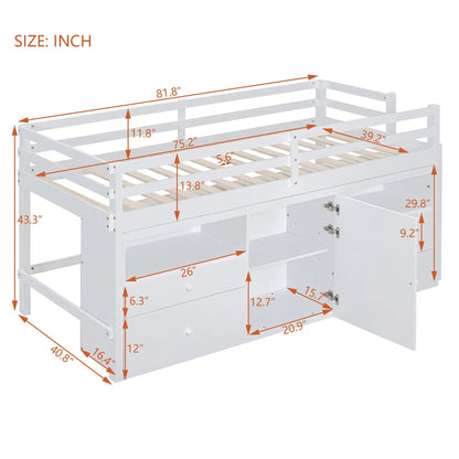 Loft Bed with Drawers and Shelves under Cabinet