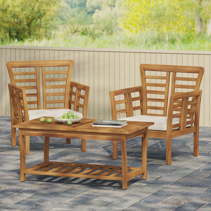 Caydon 2 Club Chairs + Table outdoor set in natural teak with white cushions HouseOfZazla on Tampa Home & Garden Store