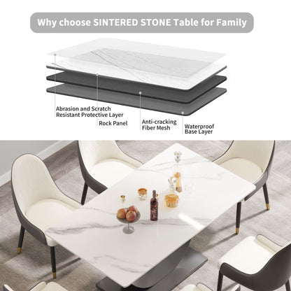 Modern artificial stone dining table with white marble top and crescent-shaped metal legs on Tampa Home & Garden Store