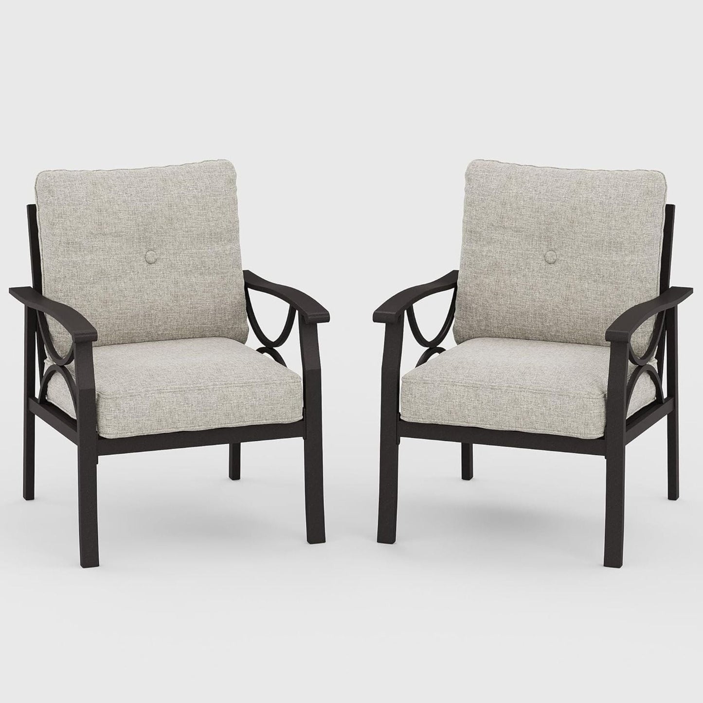 All-Weather Armchairs with Cushions, set of 2 in curved dark metal frames with beige cushions on Tampa Home & Garden Store