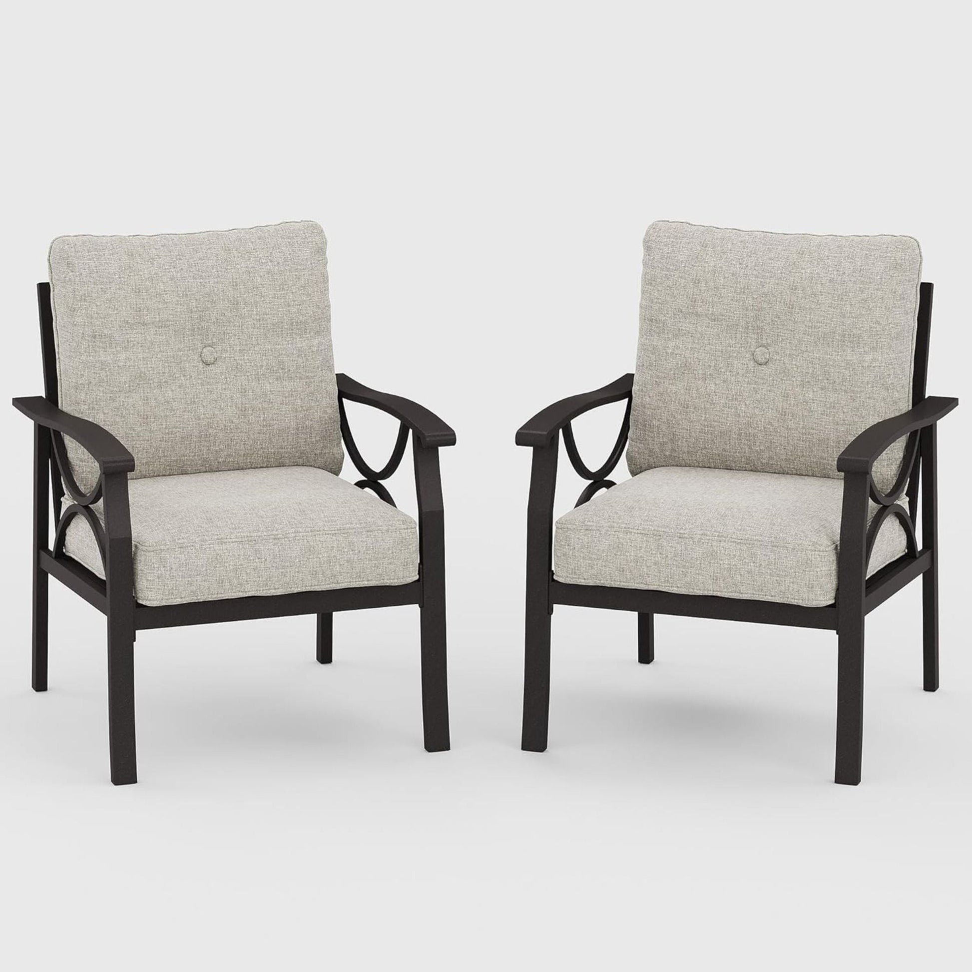 All-Weather Armchairs with Cushions, set of 2 in curved dark metal frames with beige cushions on Tampa Home & Garden Store