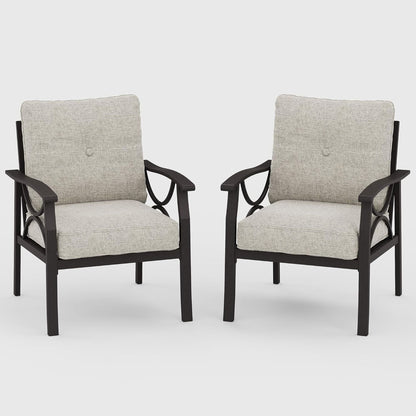 All-Weather Armchairs with Cushions, set of 2 in curved dark metal frames with beige cushions on Tampa Home & Garden Store
