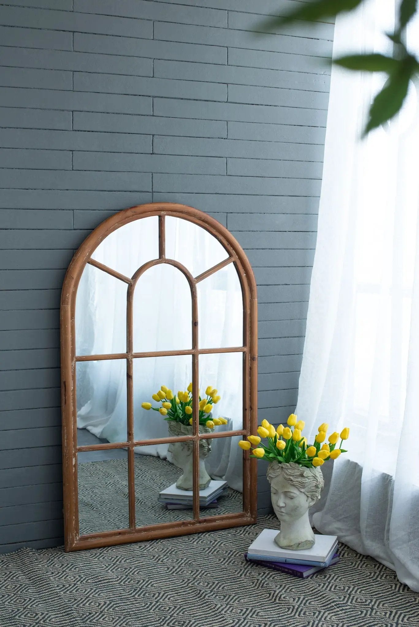 Large arched mirror with brown fir wood frame and window-pane styling for interior decor on Tampa Home & Garden Store