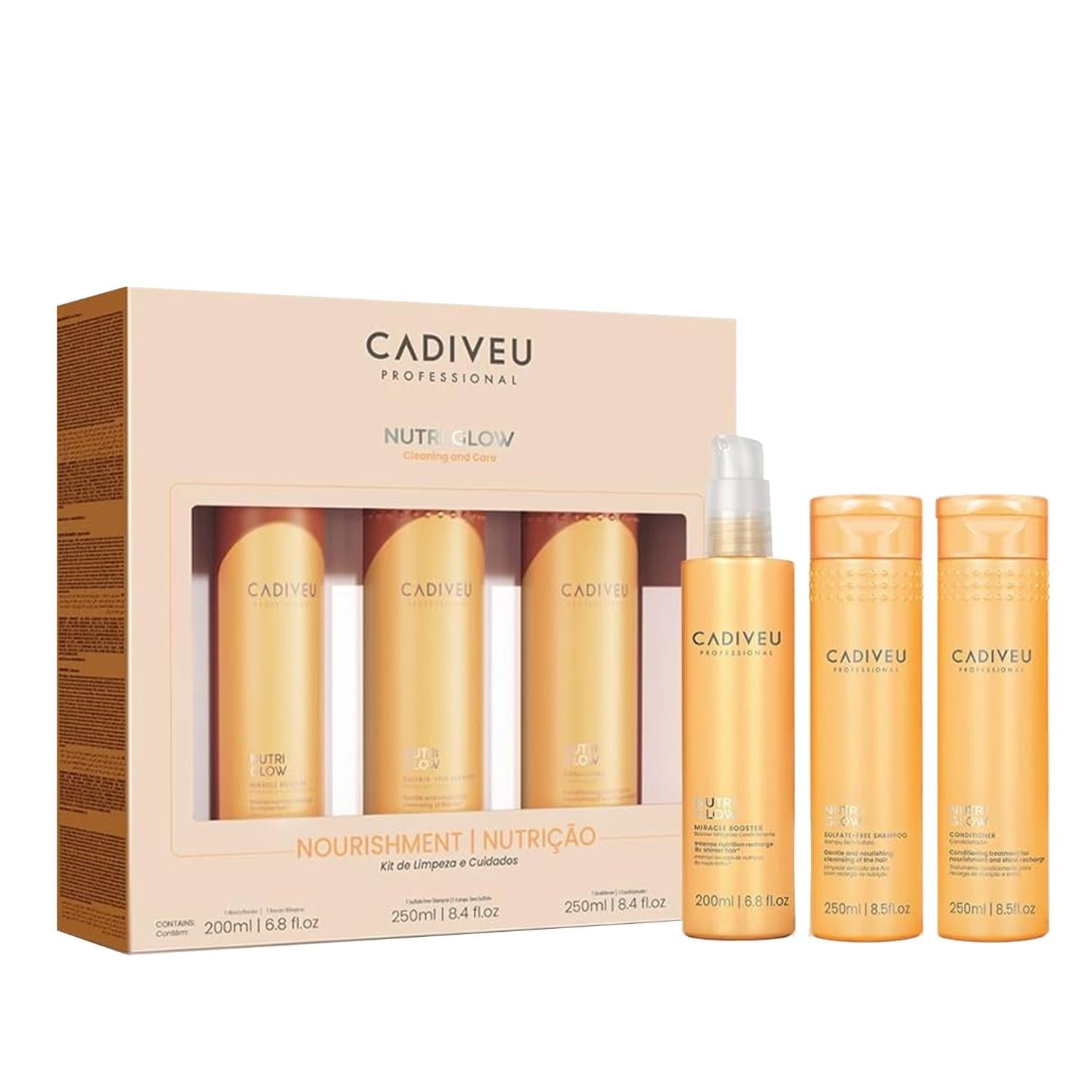 Cadiveu Nutri Glow hair care set with gold bottles in a pink box, seven-piece kit on Tampa Home & Garden Store