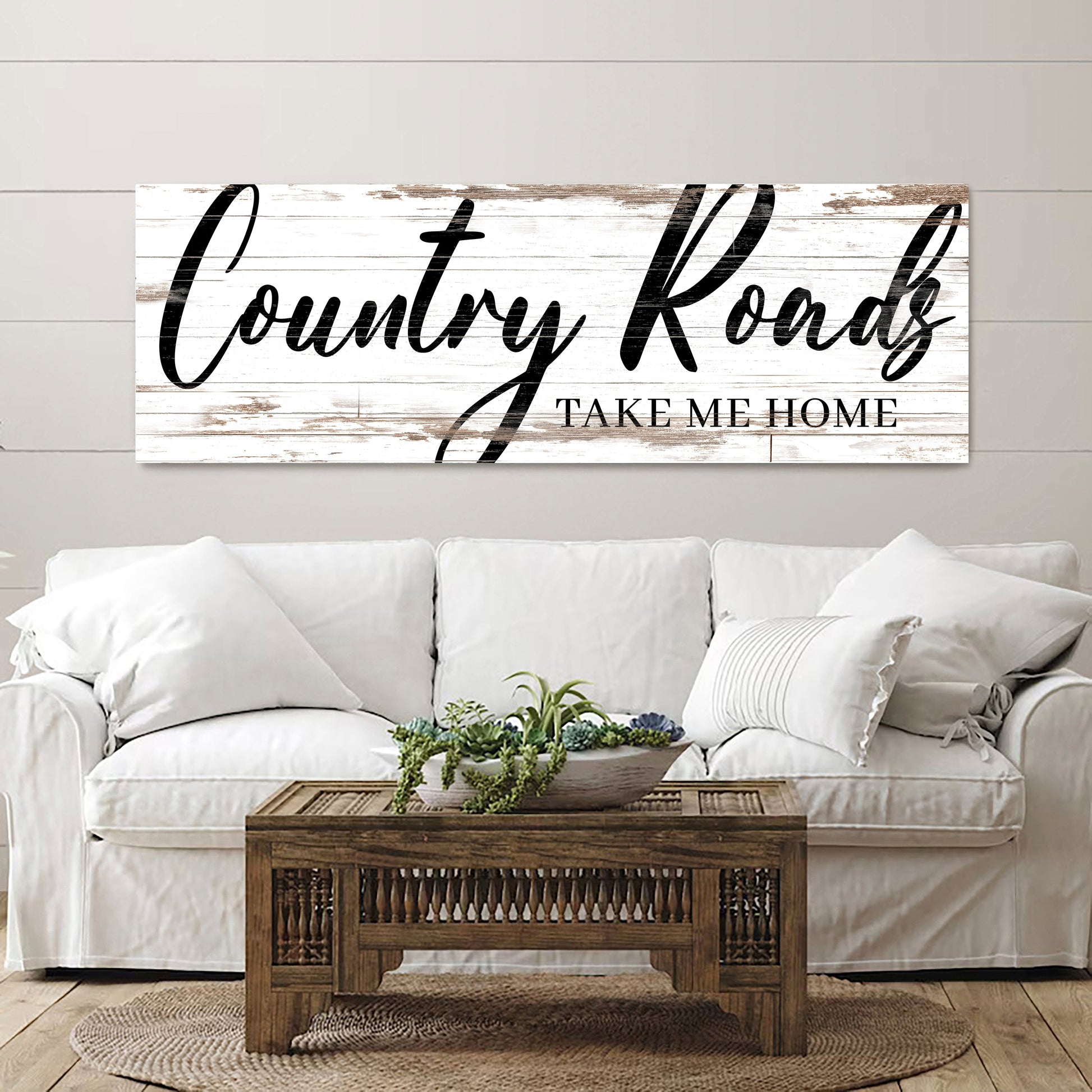 Country Roads Take Me Home Sign II canvas with distressed white wood planks in rustic farmhouse style on Tampa Home & Garden Store
