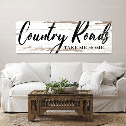 Country Roads Take Me Home Sign II canvas with distressed white wood planks in rustic farmhouse style on Tampa Home & Garden Store