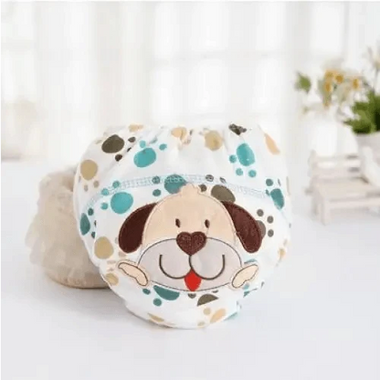 Stevvex cute baby cloth diaper with dog face print, white with teal beige spots on Tampa Home & Garden Store