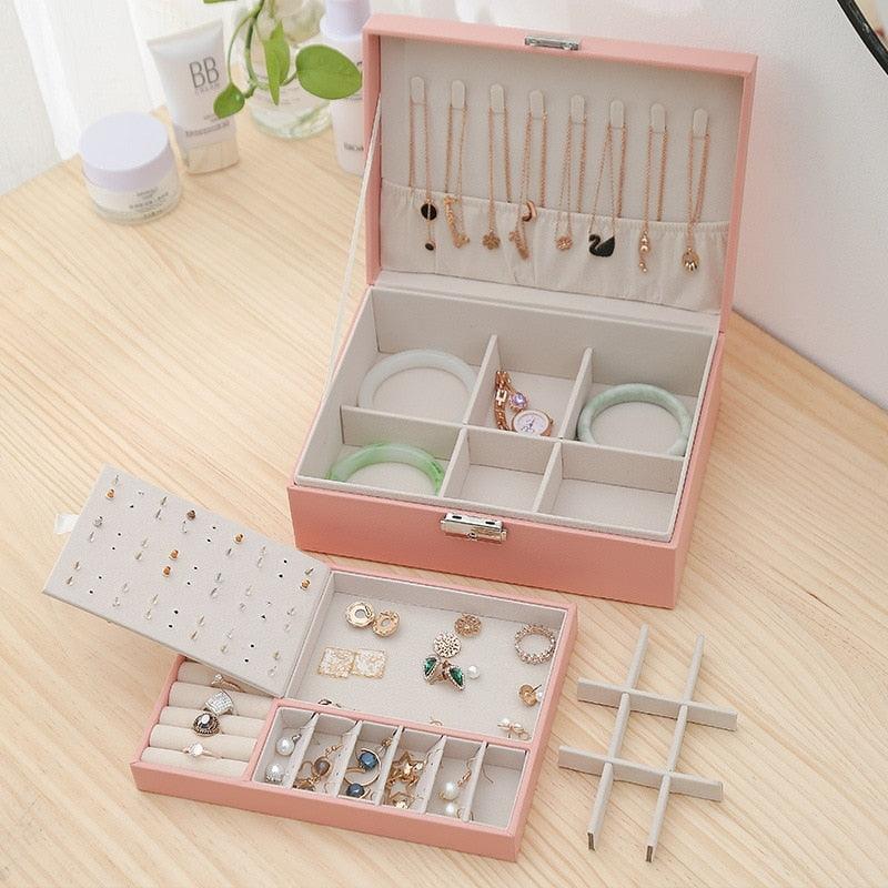 Stevvex pink 2-layer PU leather jewelry box with necklace hooks and ring compartments on Tampa Home & Garden Store