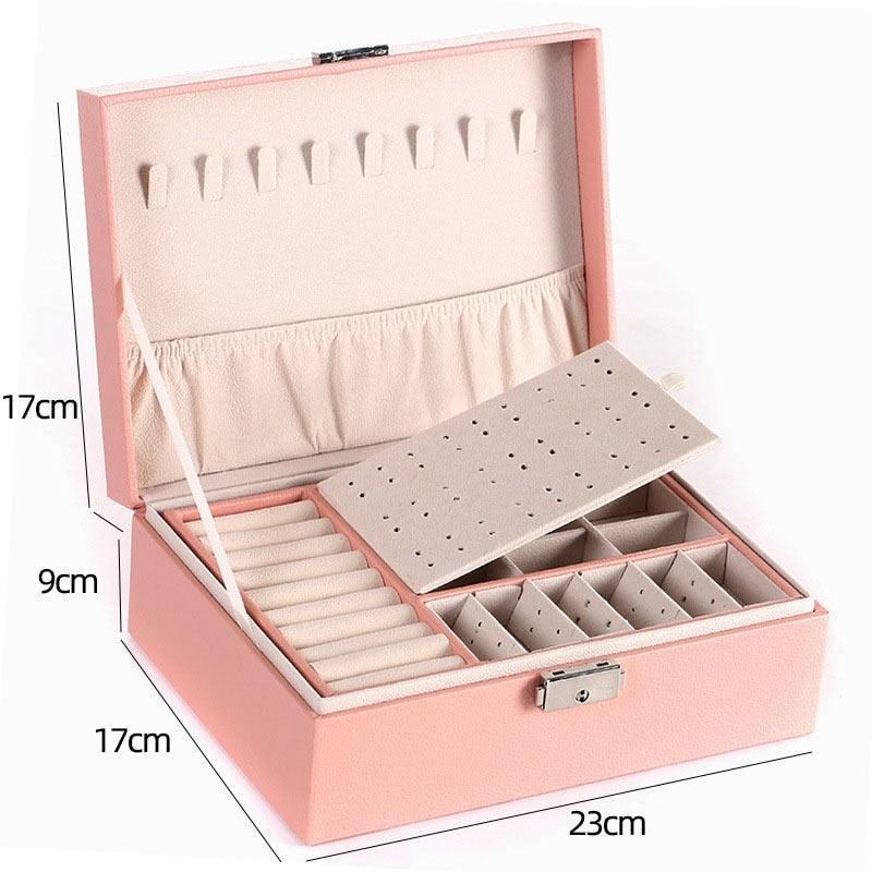 Stevvex pink PU leather double-layer jewelry box with metal latch; two-tier with ring rolls on Tampa Home & Garden Store