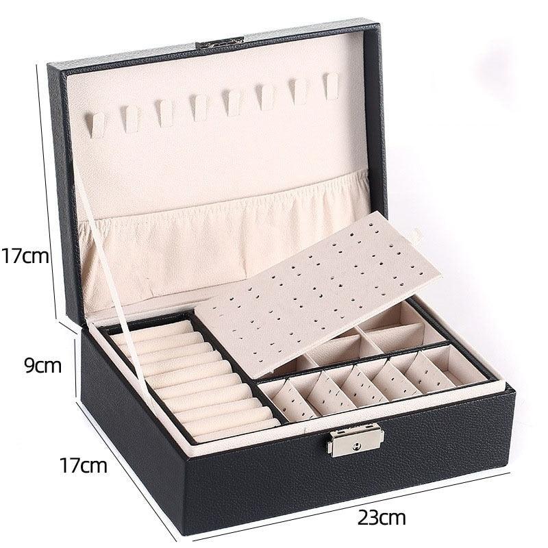 Stevvex 2-layer leather jewelry box with hardware latch, black PU leather, open with ring trays on Tampa Home & Garden Store