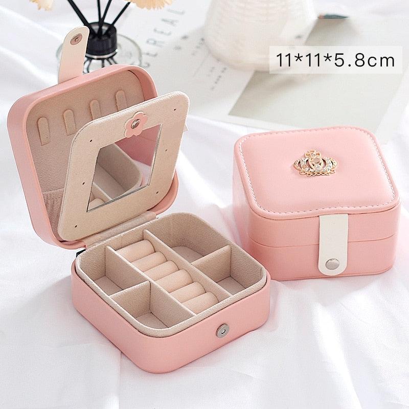 Double-layer pink PU leather jewelry box with mirror lid, Stevvex travel organizer on Tampa Home & Garden Store